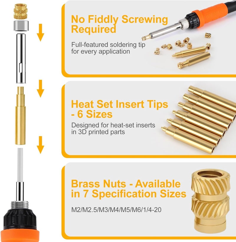 BILIPLE 90W Soldering Iron Heat Set Insert Tool, LED Digital Solder Iron Adjustable Temperature(180°C-480°C) with 250Pcs Threaded Inserts Brass Nuts, 6Pcs Heat Set Insert Tips for 3D Printing Projects - Image 5